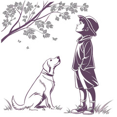 Young boy wearing a hat and shorts looks up at the sky with his loyal dog sitting beside him