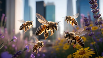 Urban beekeeping with bees flying near lavender and wildflowers in city environment