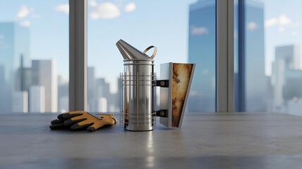 Urban beekeeping tools, beekeeper smoker and gloves in the city, skyscraper beekeeping