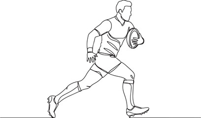 Continuous line drawing of a male rugby player running with the