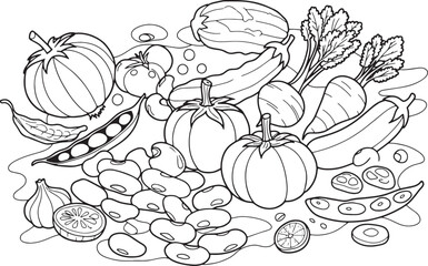 Whimsical vegetable harvest illustration with beans tomatoes and