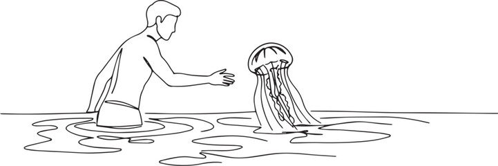 Minimalist line drawing of a man reaching out to a jellyfish in