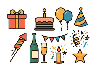 Colorful celebration icons: cake, balloons, gift, fireworks, champagne, party hat