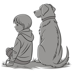 A young boy wearing a hooded jacket sits peacefully next to his loyal dog on a grassy hill