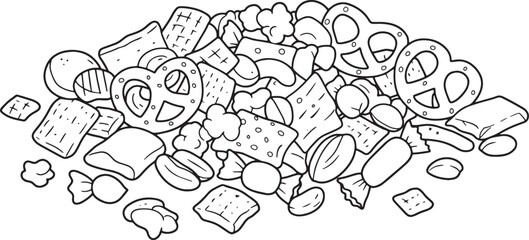 Hand-Drawn Illustration of a Snack Mix Composition for Coloring