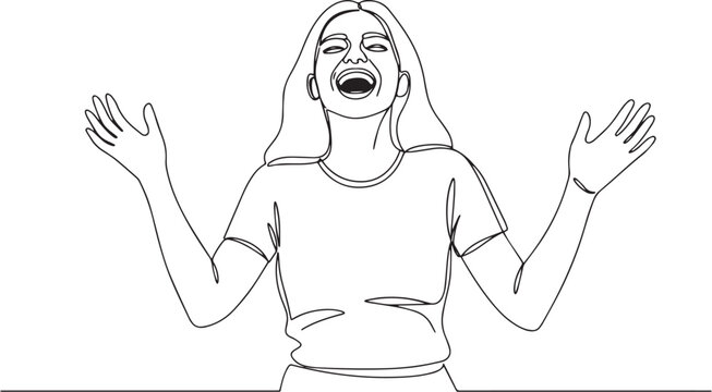 Single continuous line drawing of overjoyed woman with outstretc