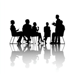 Silhouette of a Business Assembly: A group of professionals engages in a meeting, with dark silhouettes against a bright backdrop, emphasizing the concepts of collaboration and strategic discussion.