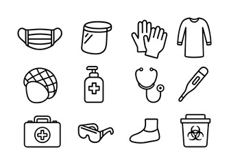 Vector Essential medical safety items: masks, gloves, thermometer, and more icons