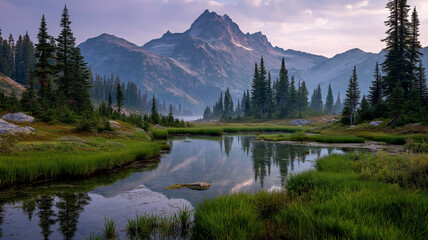 Serene mountain lake reflects jagged peaks and evergreen trees under a soft, cloudy sky at sunrise, creating a tranquil wilderness landscape