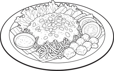 Fototapeta premium Delicious gado-gado illustration in black and white line art sty