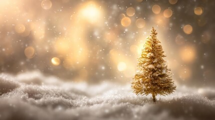 Magical golden christmas tree stands alone in soft fluffy snow with warm bokeh lights in the background