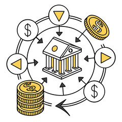 Naklejka premium Abstract illustration of a bank building at the center of a circular flow of financial transactions and symbols