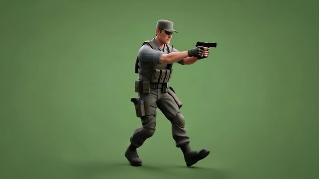 Soldier in Tactical Gear Aiming a Pistol on a Green Screen Background.
