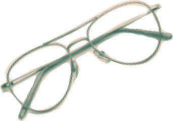 Minimalist Retro Glasses illustration with Halftone Texture, Beige-Green color palette and surreal Business Collage vibe, perfect for creative branding.