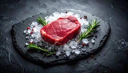 Raw Steak on Crushed Ice with Rosemary and Red Berries on Dark Slate against Black Background