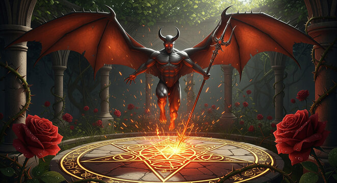 Demonic Ritual Summoning: Horned Devil Emerging from Magic Circle
A stunning, dark fantasy digital illustration depicting a powerful, horned, winged demon or devil figure being summoned
