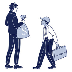 Man in suit holding bag of money approaches younger man carrying briefcase and wearing a cap
