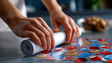 Obraz premium Close-up of fingers unrolling paper with defocused body and clear Christmas pattern of sweets and gifts, with copy space