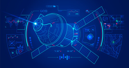 concept of aerospace technology, graphic of lined satellite with futuristic interface