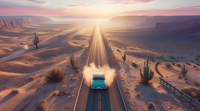 Fototapeta Aerial View of Winding Desert Highway with Vintage Car at Golden Hour