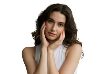 Fototapeta premium Young woman with wavy brown hair isolated on transparent background