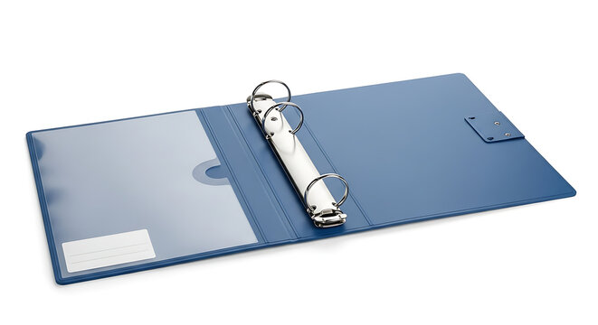 Open blue three-ring binder on white background showing inner pockets and metal rings