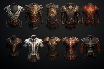 Ten pieces of medieval fantasy armor showcasing diverse styles, craftsmanship, and metallic finishes, ideal for character design or historical inspiration