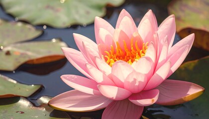 Close-up of a blooming, delicate pink flower with yellow center, surrounded by floating green lily pads on dark water