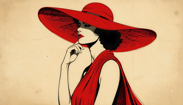 Dramatic vintage comic book style illustration of a glamorous woman wearing a wide-brimmed red hat and red dress with deep shadows, perfect for retro fashion concepts, mystery novel covers, graphic de