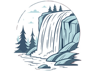 A circular illustration of a freezing waterfall surrounded by snow-capped mountains, fir trees, and cirrus clouds, a nature reserve logo.