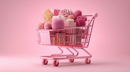 pink shopping cart filled with soft textures