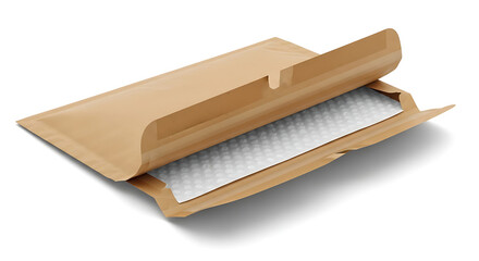 Open brown bubble mailer on white background showing protective padding inside packaging envelope