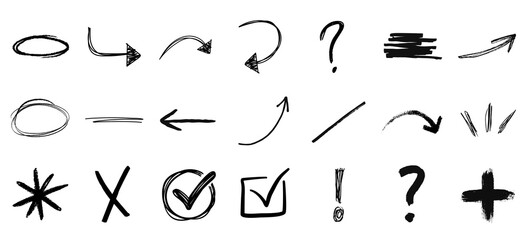 Sketch hand drawn arrows and symbols set icons