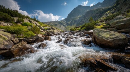 Scenic Mountain Stream Flowing Over Rocks in a Lush Green Valley Under Blue Sky with Fluffy Clouds in a Serene and Majestic Landscape