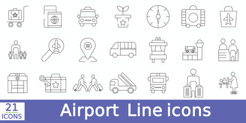  Airport related icons set. Including airplane, terminal, baggage, passport, boarding, travel,