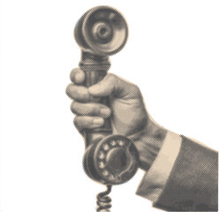 Vintage Hand holding Retro Telephone in Halftone Texture, creating a Minimalist Business Collage vibe in beige-brown tones.