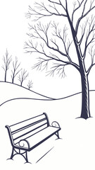 An outline illustration of an empty park bench under a bare tree with falling snow and snowdrifts.