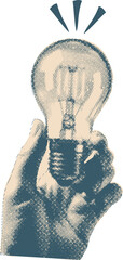 Retro Hand holding Lightbulb in Halftone Texture, symbolizing Creative Business Idea and Innovation in blue-beige minimalist vintage style.