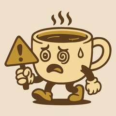 Running On Caffeine Coffee Cup Mascot Distressed Retro Cartoon Emblem Graphic