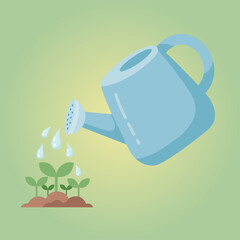 Obraz premium Watering Can with Young Plants and Water Drops Vector Illustration