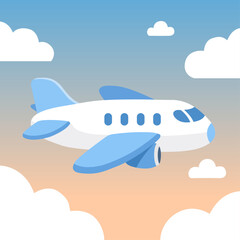Airplane Flying in Sky with Clouds Vector Illustration