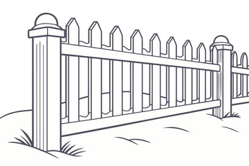 A winter illustration of an old wooden fence on a snow-covered hill with falling snow and drifts.