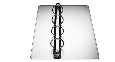 Metallic open binder with four rings on a reflective surface, viewed from top down perspective