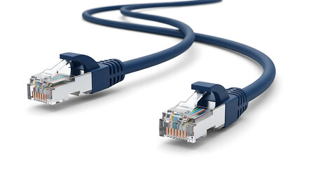 Cat6 ethernet cable with blue sheathing and clear RJ45 connector on white background closeup