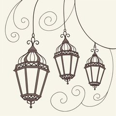 Elegant hand drawn decorative lanterns with ornate swirls hanging from a string on a light background