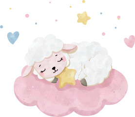 Naklejka premium Cute Baby Sheep Hugging Star Watercolor Clipart | Sleeping Lamb Nursery Art