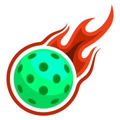 Dynamic green pickleball with fiery orange flames trailing behind it against a stark transparent background.