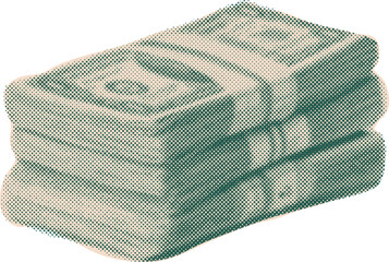 Retro Money Stack in Halftone Texture, symbolizing Business Success, Financial Growth, and Vintage Economy concept in green-beige minimalist style.