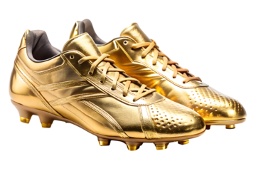 A pair of shiny golden football cleats with laces and studs isolated on transparent background