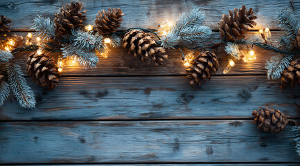 Pinecones and Fairy Lights on Rustic Wooden Background